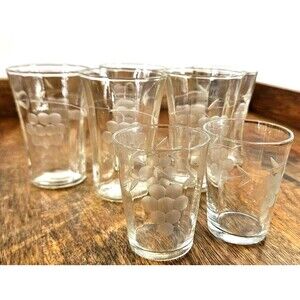 Vintage Etched Grape Design 2‎ 1/4" H Clear Glass Shot Glasses  1930s Set of 5